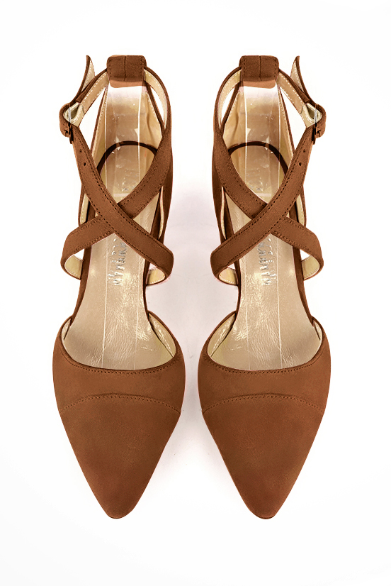 Caramel brown women's open side shoes, with crossed straps. Tapered toe. Medium comma heels. Top view - Florence KOOIJMAN